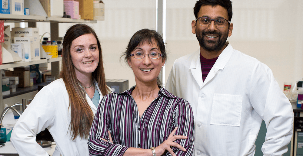 Dr. Shyamala Dakshinamurti (centre) and research team members Martha Hinton (left) and Vikram Bhatia.