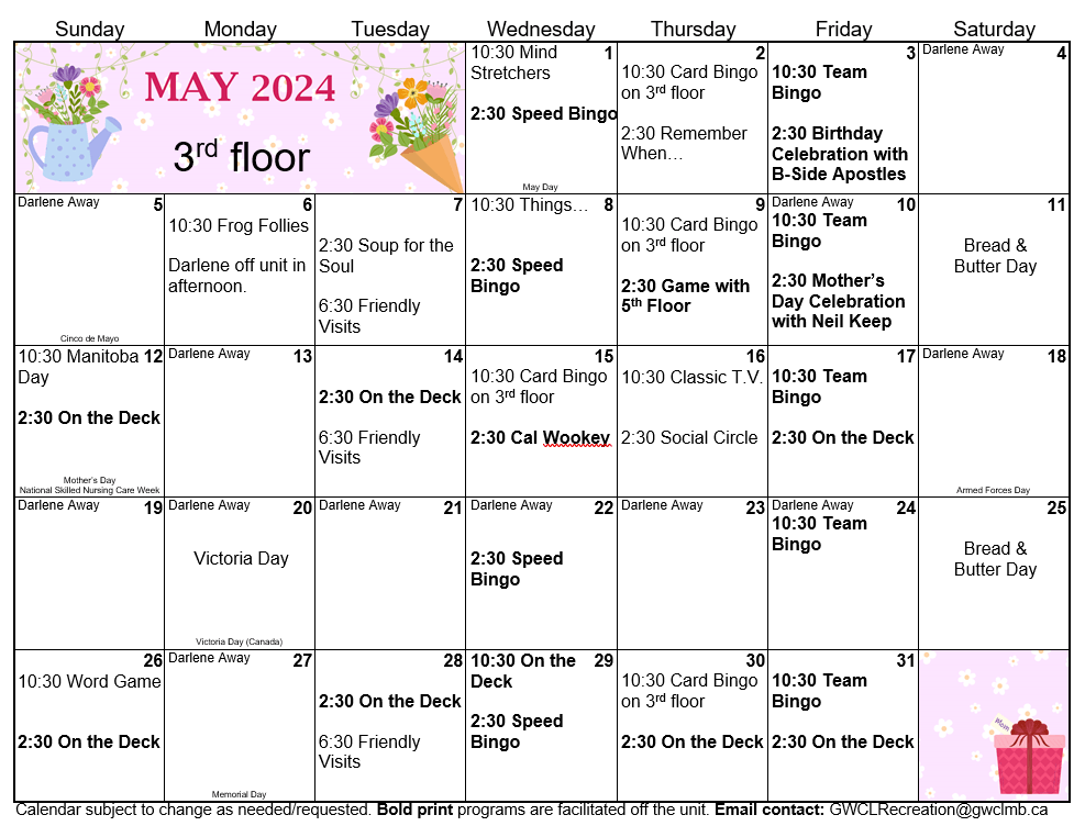 Golden West Centennial Lodge 3rd Floor Calendar for May 2024