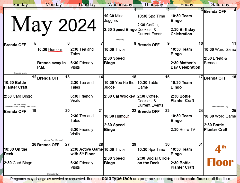 Golden West Centennial Lodge 4th Floor Calendar for May 2024