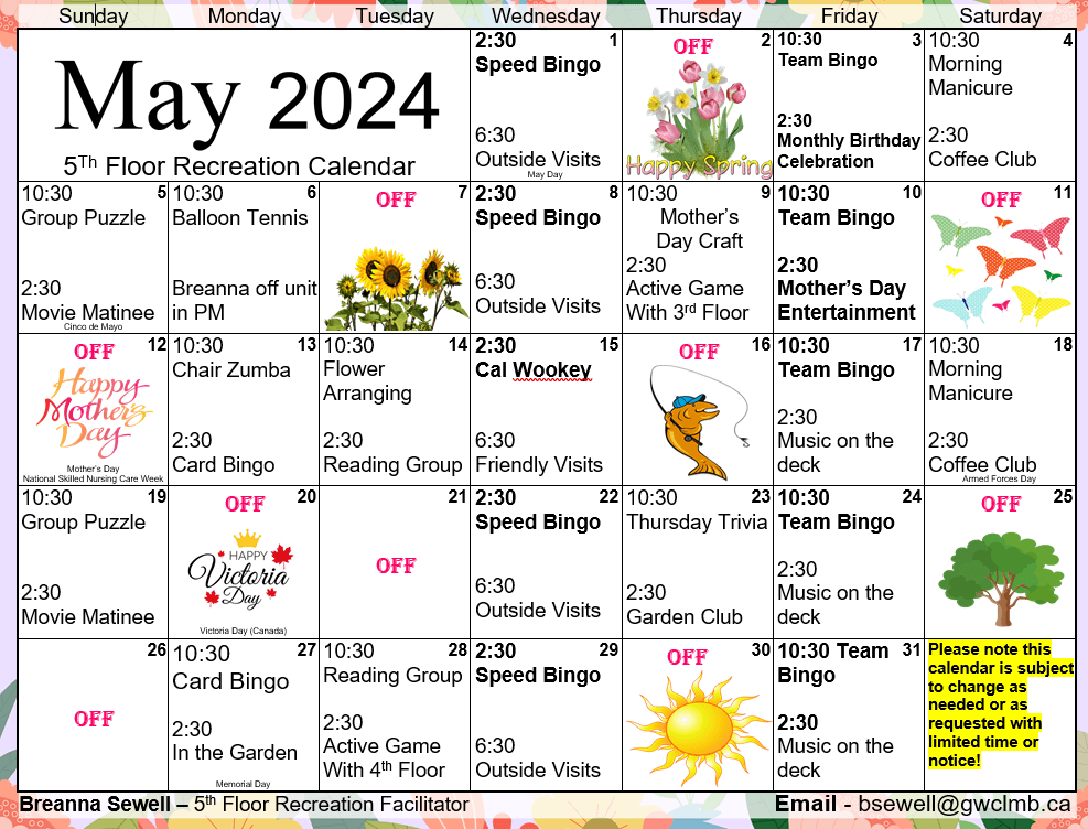 Golden West Centennial Lodge 5th Floor Calendar for May 2024