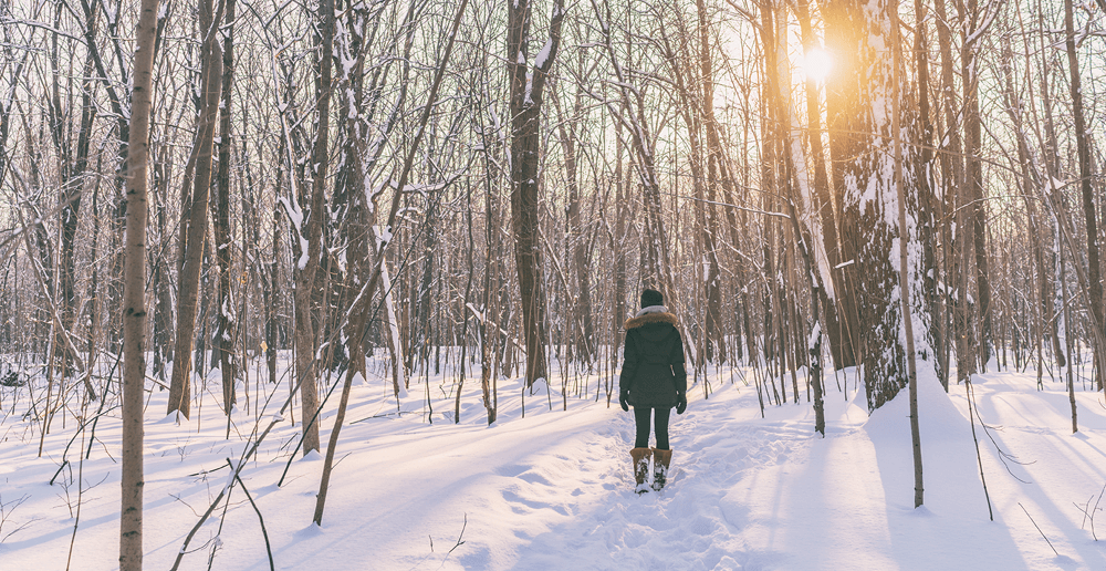 Photo of a woman walking in snowy forest 