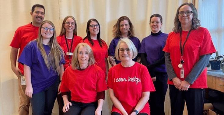 Health care staff at Deer Lodge Centre pose for a picture in the physiotherapy area. From left to right (Bernard Lesk, Anneke Funk, Nicole Springer, Diane Nicholson, Amanda Jacques, Melissa Brown; front row: Jessica Sutton, Camille Meub and Jane McSwiggan)
