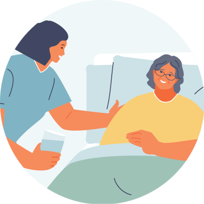 Circular artistic render of a nurse and their patient